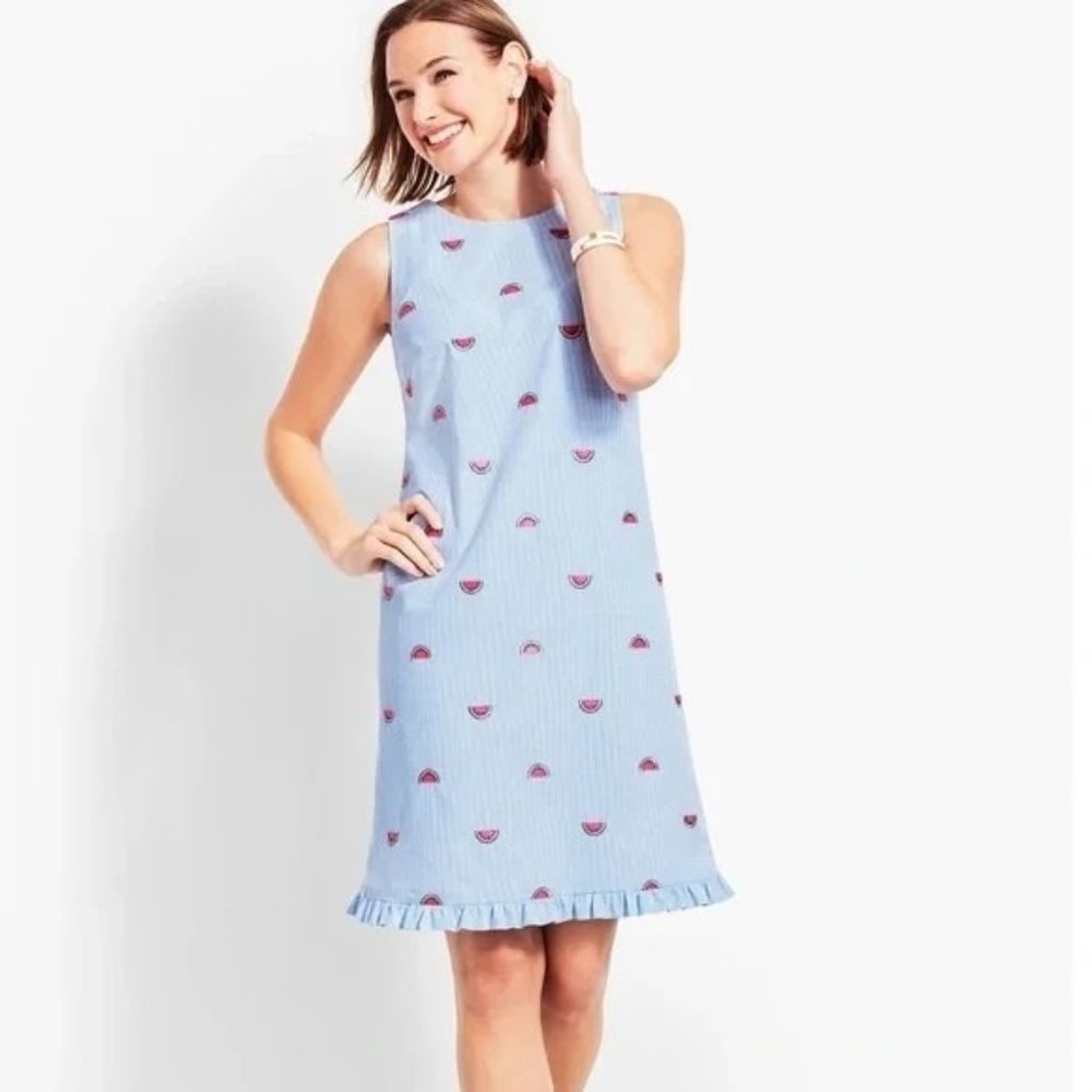 Talbots Dress  4P Watermelon Seersucker Summer Sleeveless Knee Length